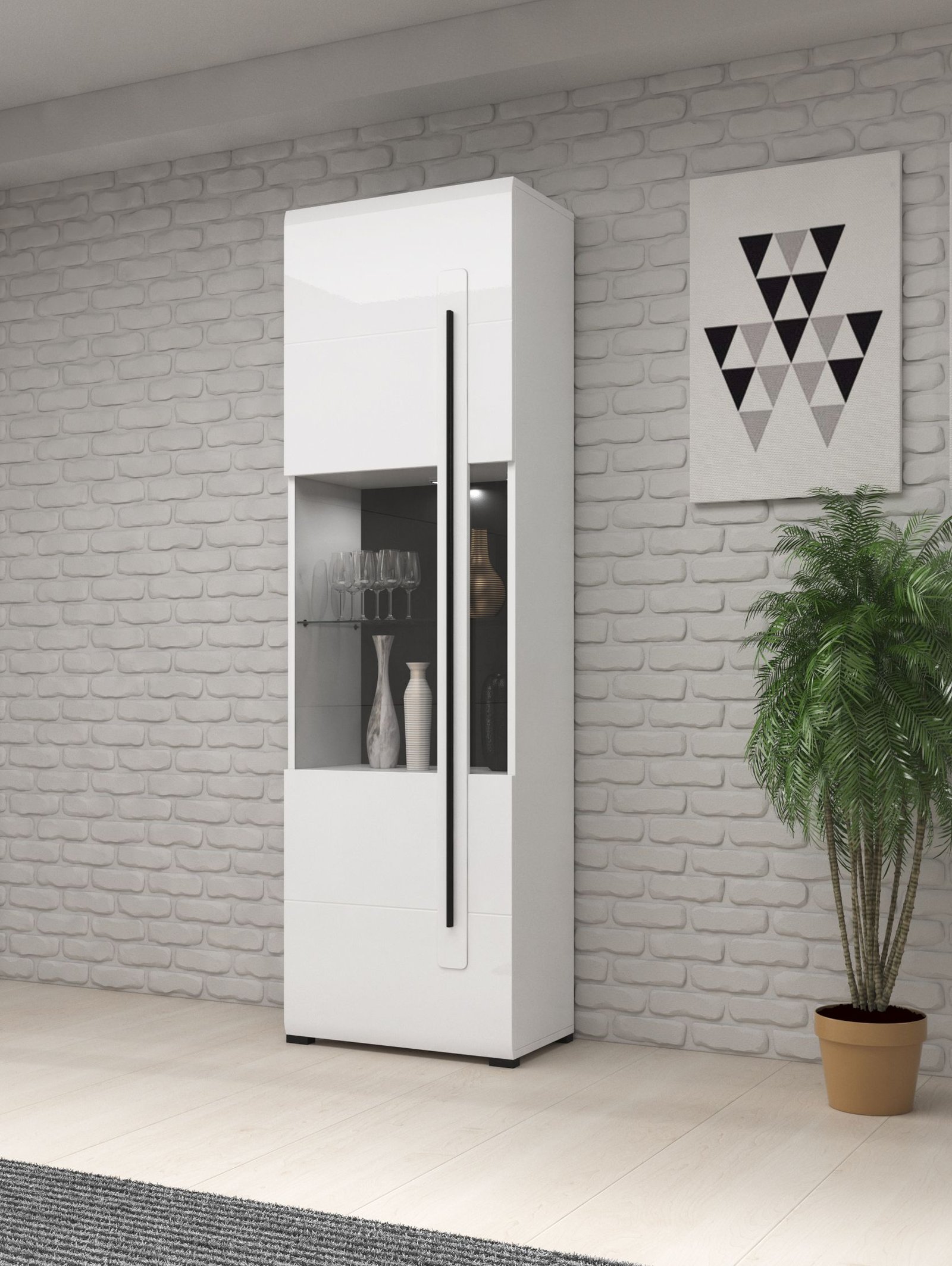 TULSA-05 przeszklona witryna jednodrzwiowa z podświetleniem - BIAŁY POŁYSK