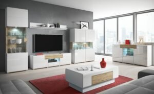 TOLEDO duży zestaw mebli do salonu - komoda, witryna, stolik  BIAŁY POŁYSK - SAN REMO