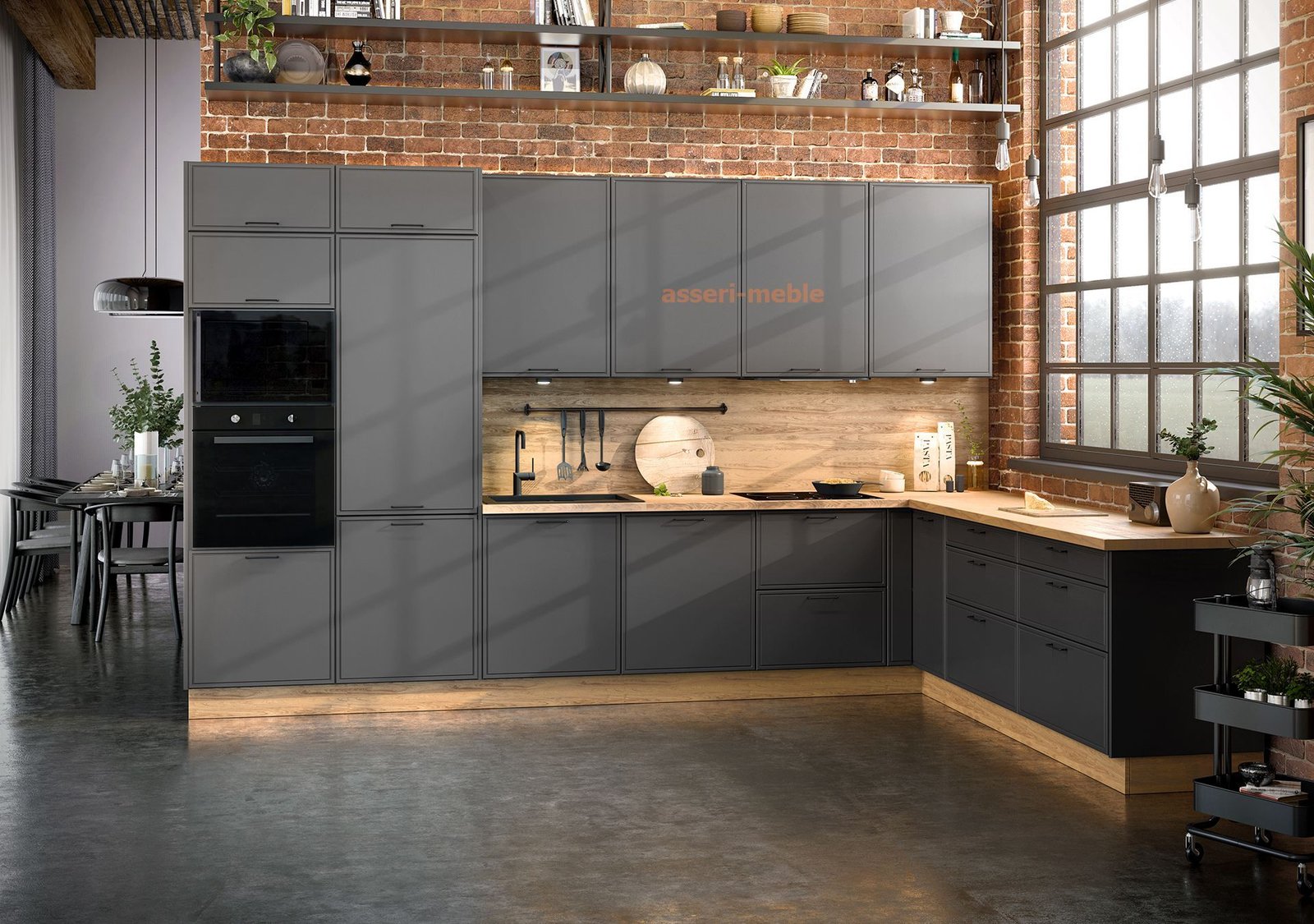 KAM-KUCHNIE - F8 nowoczesna kuchnia z kolorze BAZALT z blatem HIKORA NATURALNA