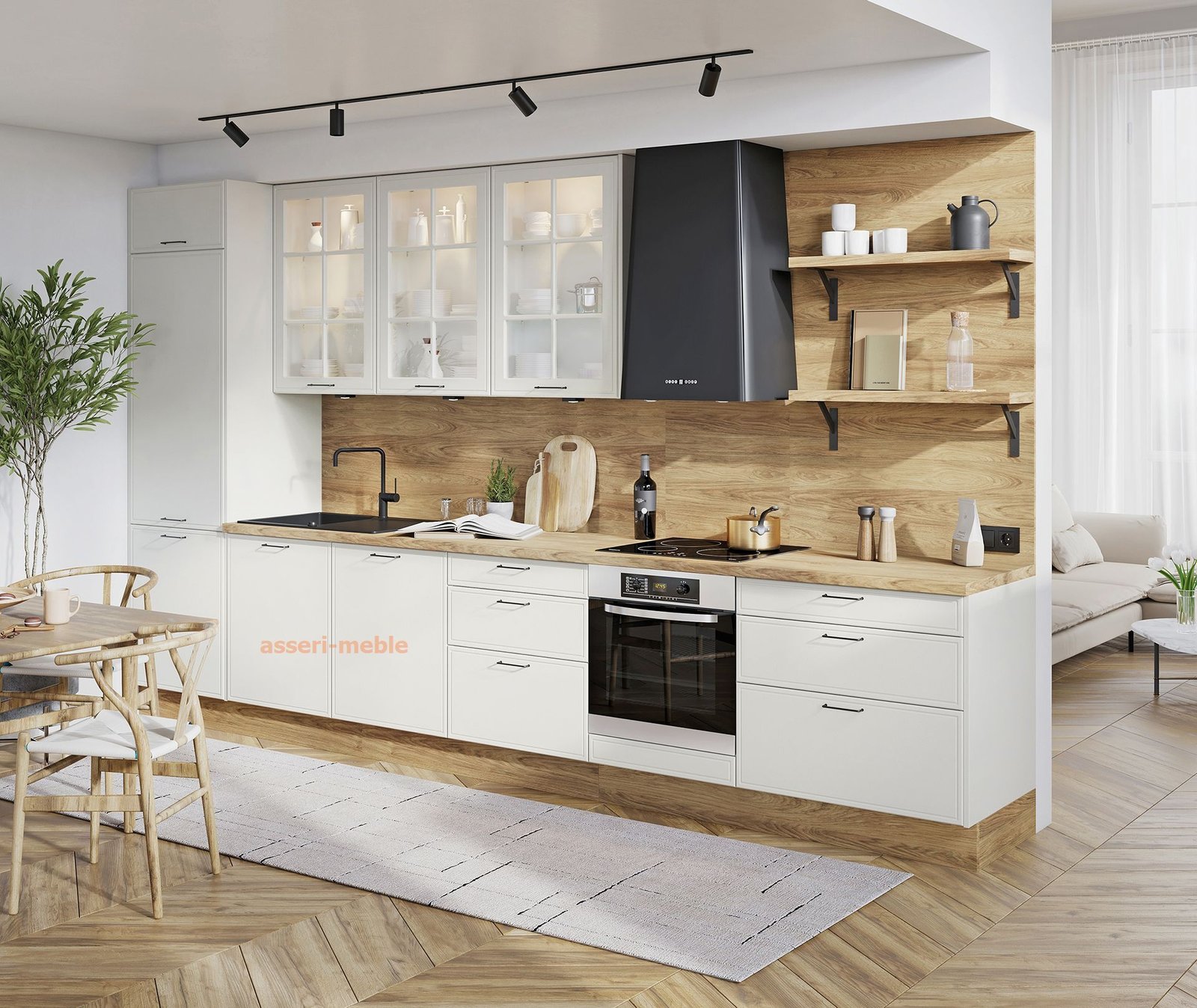 KAM-KUCHNIE - F8 nowoczesna kuchnia z kolorze BIAŁY z blatem w kolorze HIKORA NARURALNA