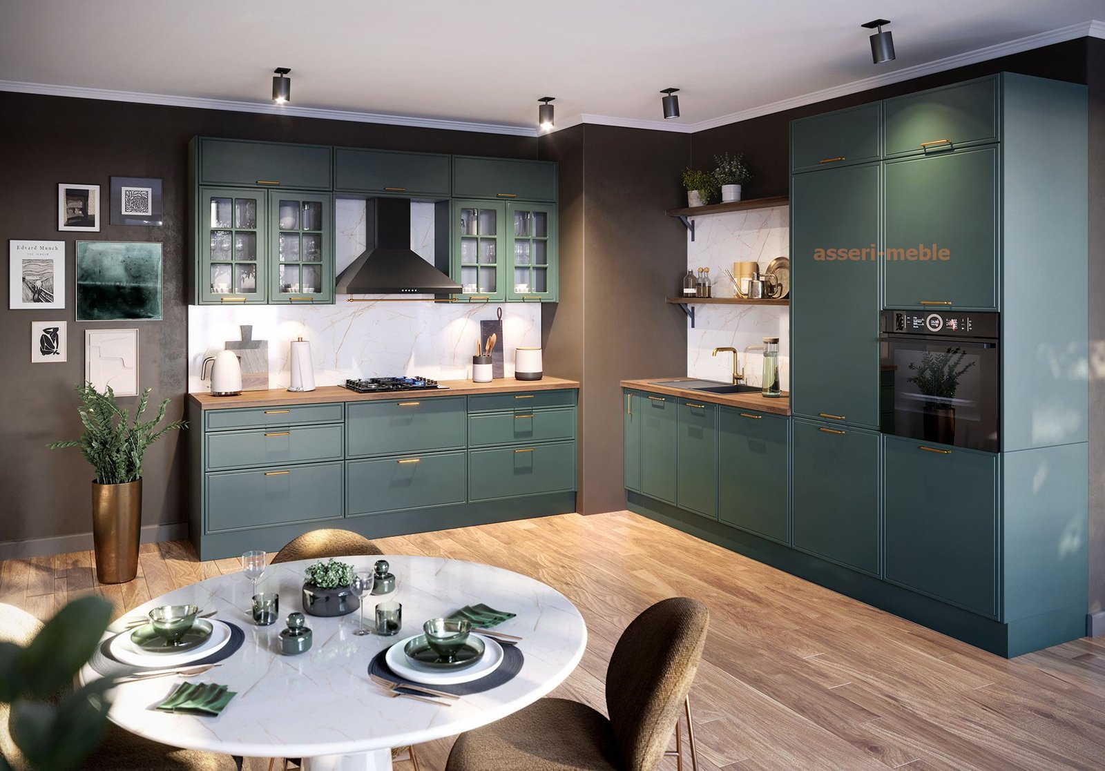 KAM-KUCHNIE - F8 nowoczesna kuchnia z kolorze morskim z blatem w kolorze DĄB ESTANA