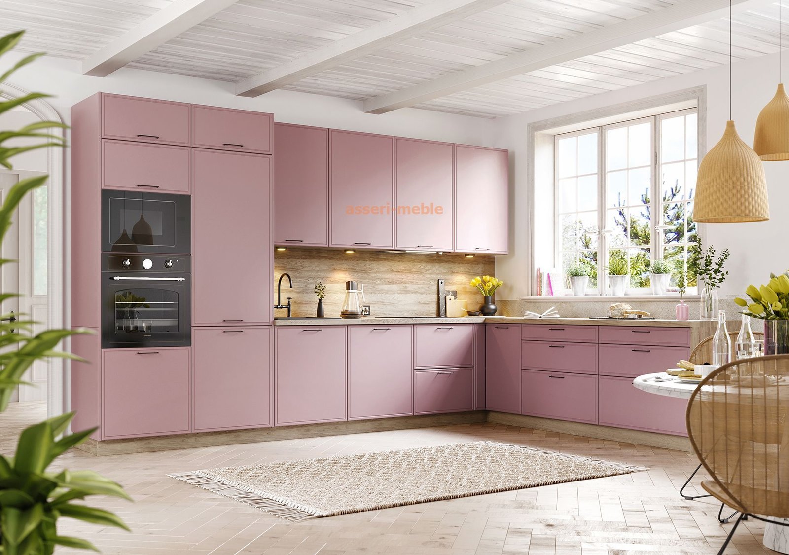 KAM-KUCHNIE - F8 nowoczesna kuchnia z kolorze różowym z blatem w kolorze HIKORA NATURALNA