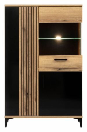 ARIS 06 kredens, witryna trzydrzwiowa na nóżkach z podświetleniem i lamelami 90 cm DĄB EVOKE - CZARNY