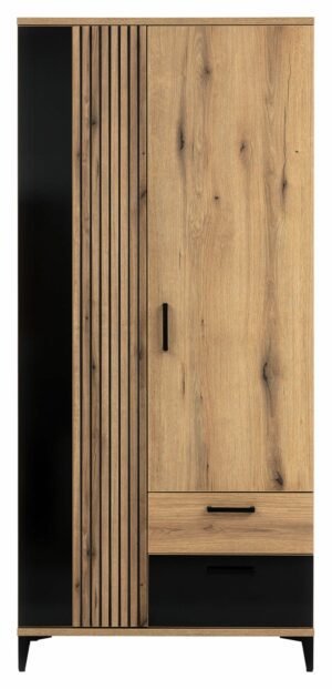 ARIS 10 szafa dwudrzwiowa na nóżkach z szufladami i lamelami 90 cm DĄB EVOKE - CZARNY