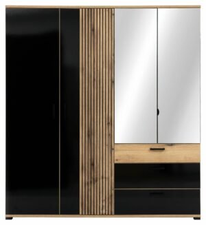 ARIS 11 szeroka szafa z lustrem, szufladami i lamelami 190 cm DĄB EVOKE - CZARNY