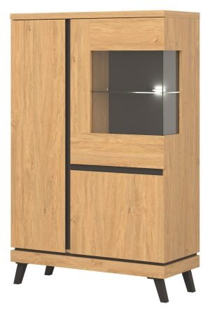 ATE 04 kredens, witryna trzydrzwiowa na nóżkach 90 cm DĄB KAMIENNY- CZARNY