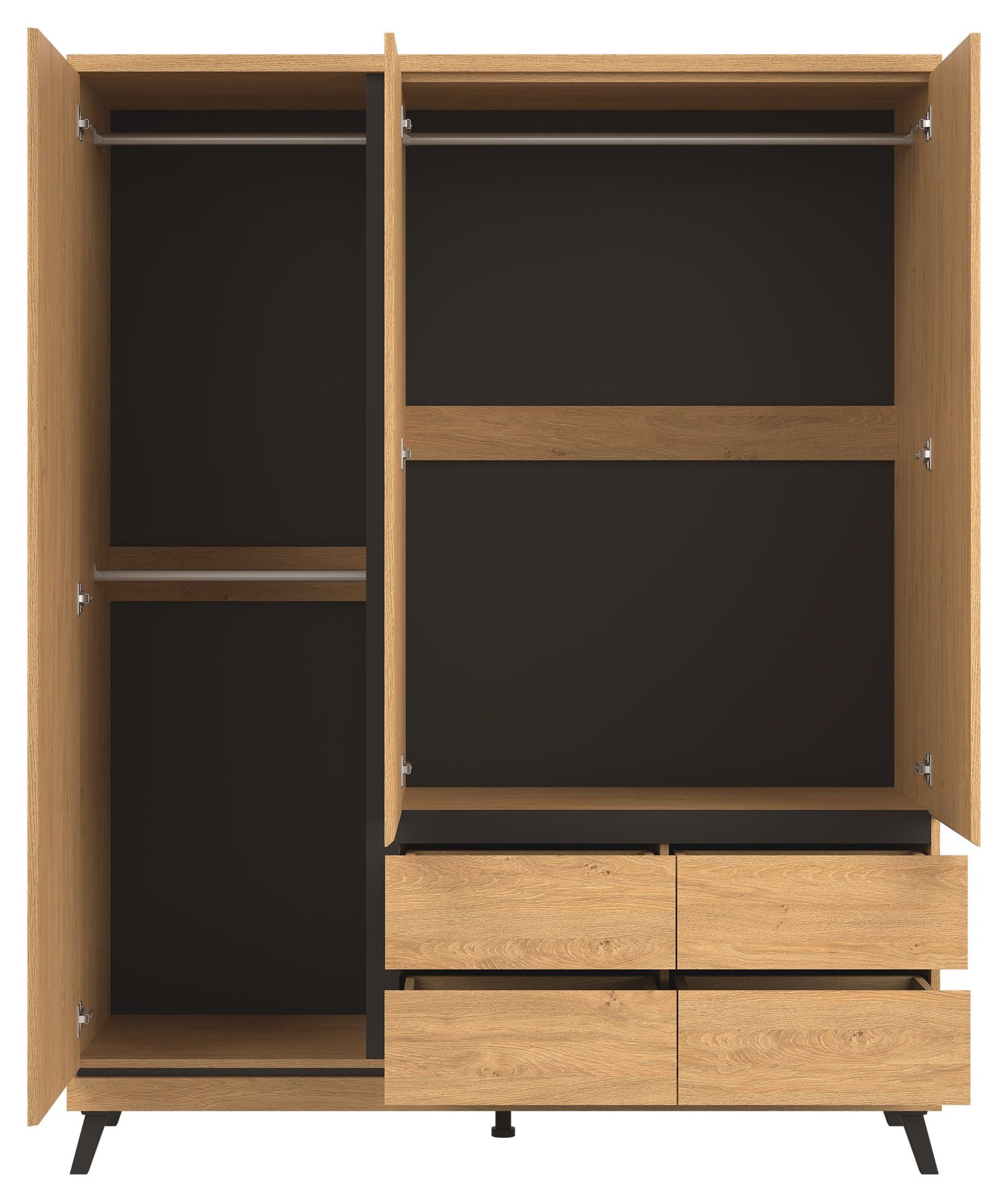 ATE 13 trzydrzwiowa szafa z szufladami, na nóżkach 160 cm DĄB KAMIENNY - CZARNY - otwarta z drążkami