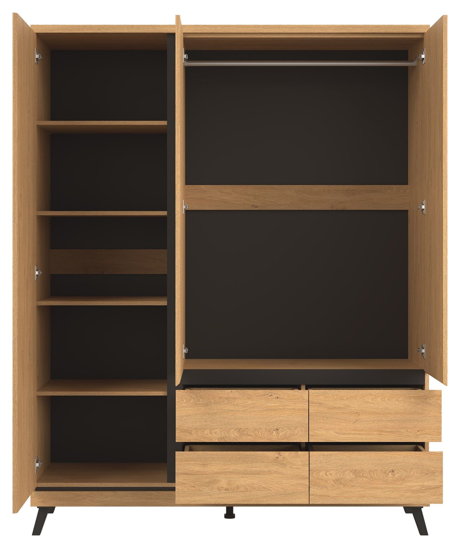 ATE 13 trzydrzwiowa szafa z szufladami, na nóżkach 160 cm DĄB KAMIENNY - CZARNY - otwarta z drążkiem i półkami