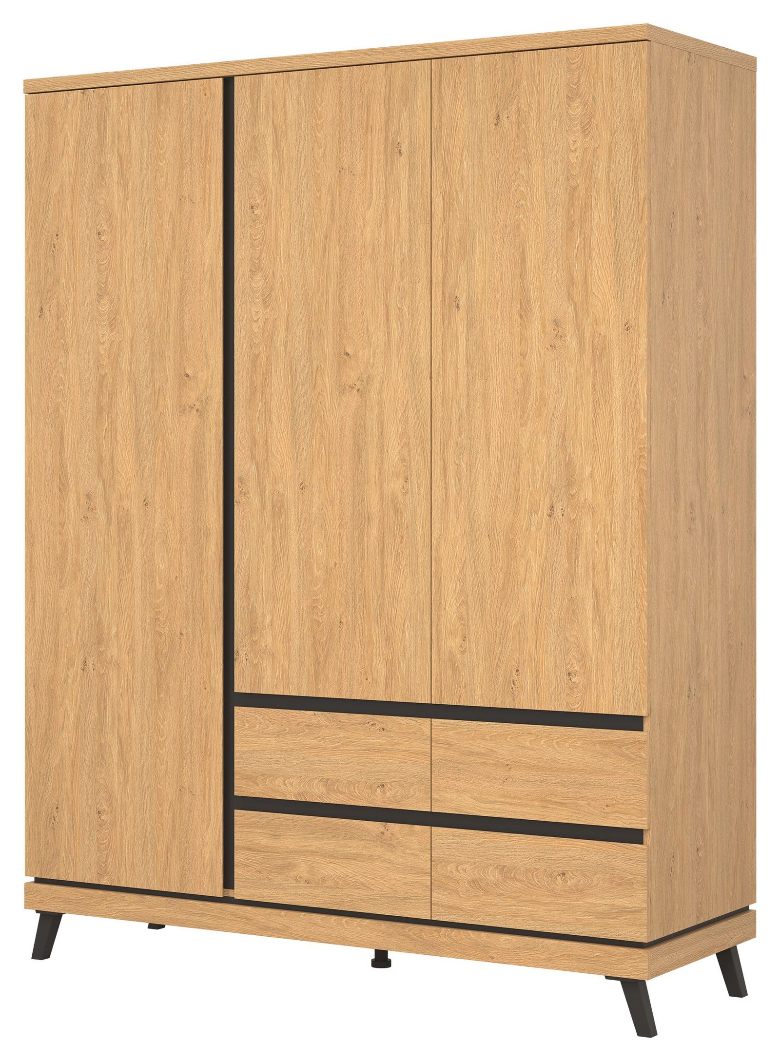 ATE 13 trzydrzwiowa szafa z szufladami, na nóżkach 160 cm DĄB KAMIENNY - CZARNY