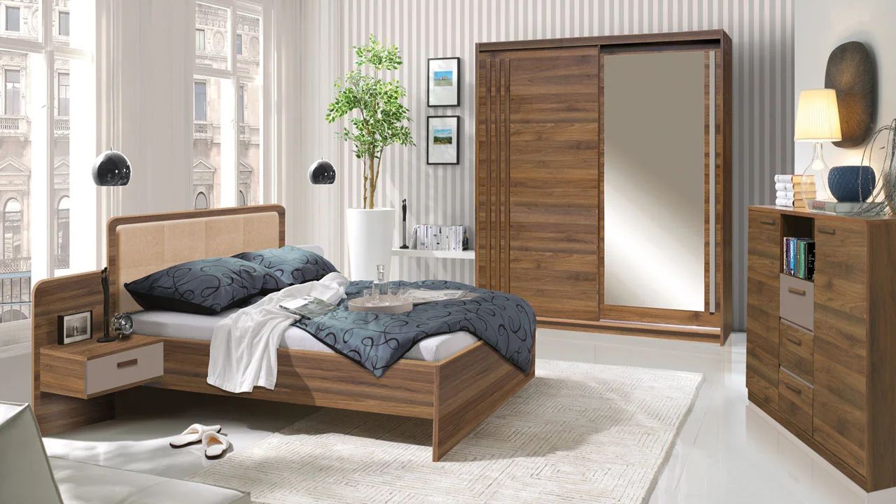 EFFECT - zestaw mebli do sypialni, łóżko dwuosobowe, komoda, szafa z lustrem, stolik nocny - COLUMBIA