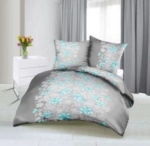 KWIATY bawełniana pościel z kory 200 x 220 cm, odcienie bieli, szarości,niebieskiego