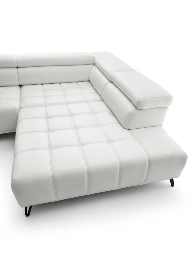 PALLADIO L biały, skórzany narożnik z elektrycznie regulowanym siedziskiem, przesuwnym oparciem i regulowanymi zagłowkami - WERSAL