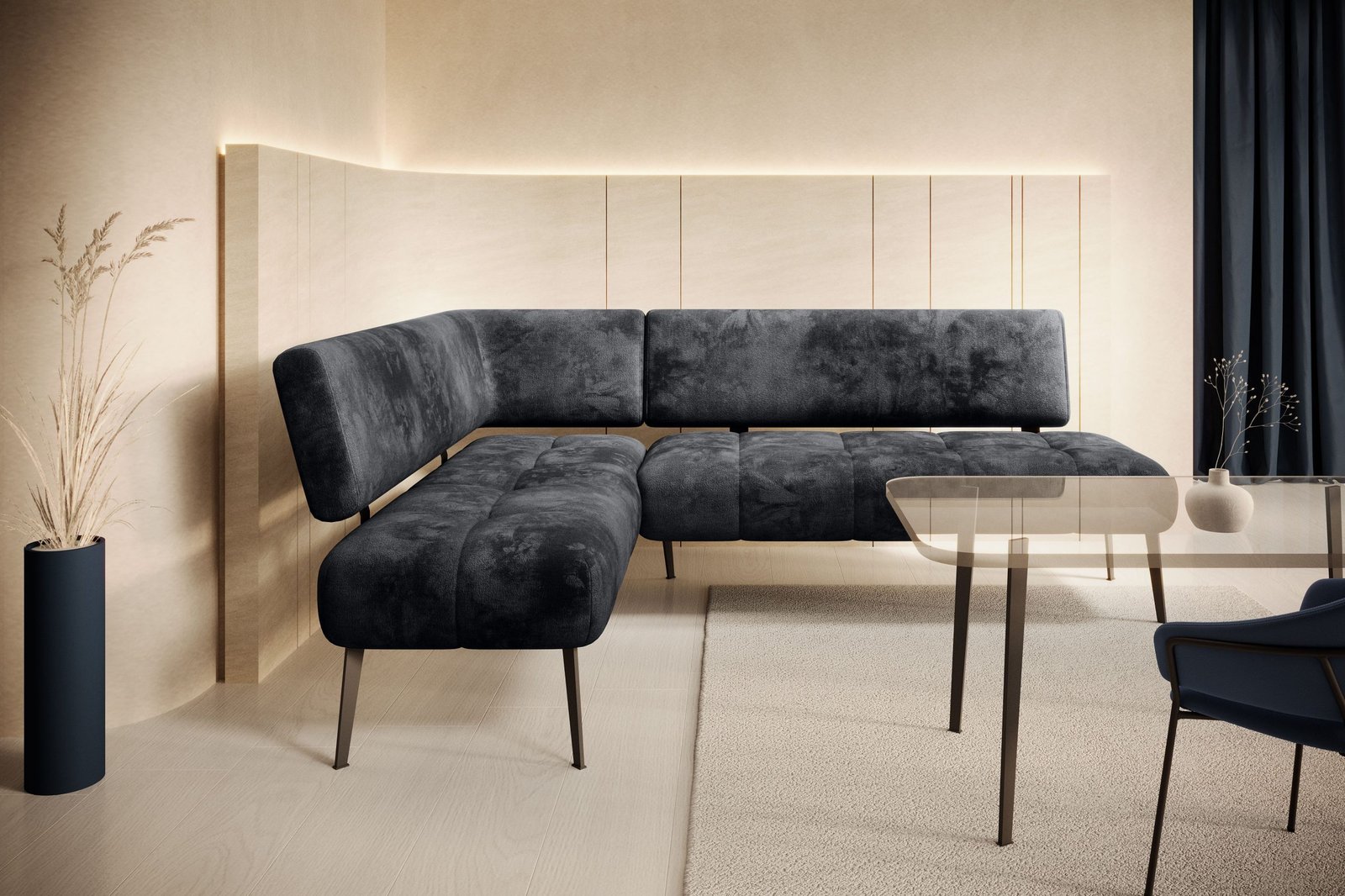 KITCHEN-CORNER MILO - narożnik kuchenny tapicerowany na wysokich nóżkach z ozdobnymi przeszyciami - tkanina APHRODITE 23