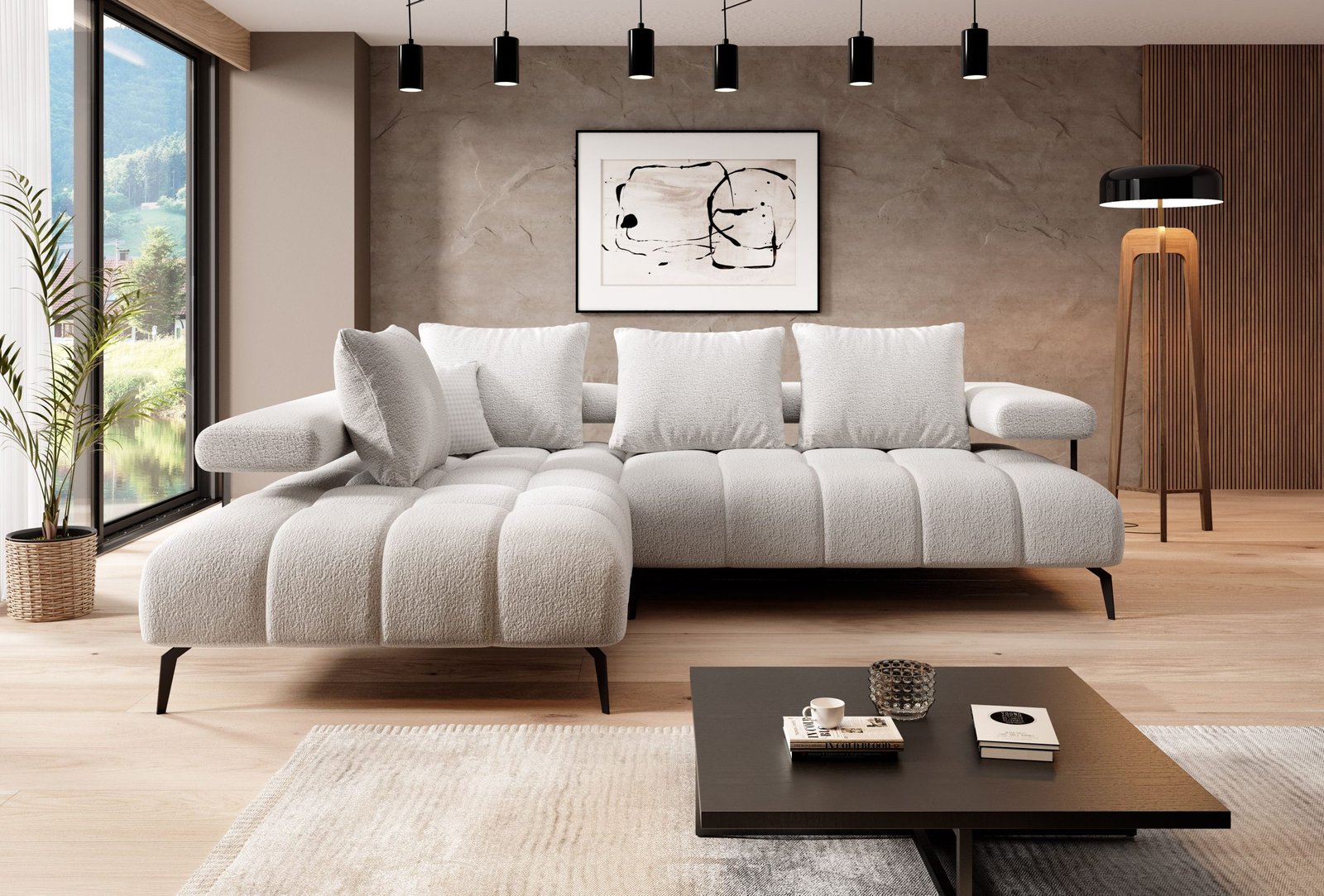 MAGNETIC L nowoczesny narożnik na wysokich nóżkach z elektrycznie wysuwanym siedziskiem, ozdobnymi przeszyciami - tkanina Anthalogy - 01 - WERSAL