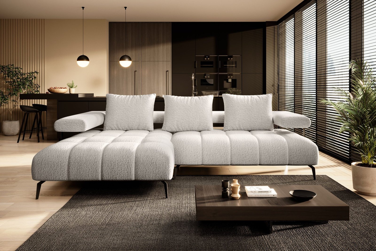 MAGNETIC S nowoczesny narożnik na wysokich nóżkach z elektrycznie wysuwanym siedziskiem, ozdobnymi przeszyciami - tkanina Anthalogy - 01 - WERSAL