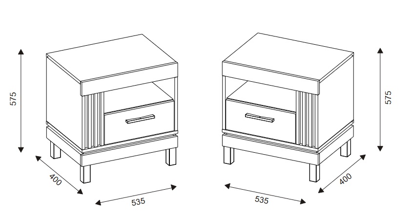 COTTA - szafka nocna z szufladą i lamelami, na nóżkach - szkic