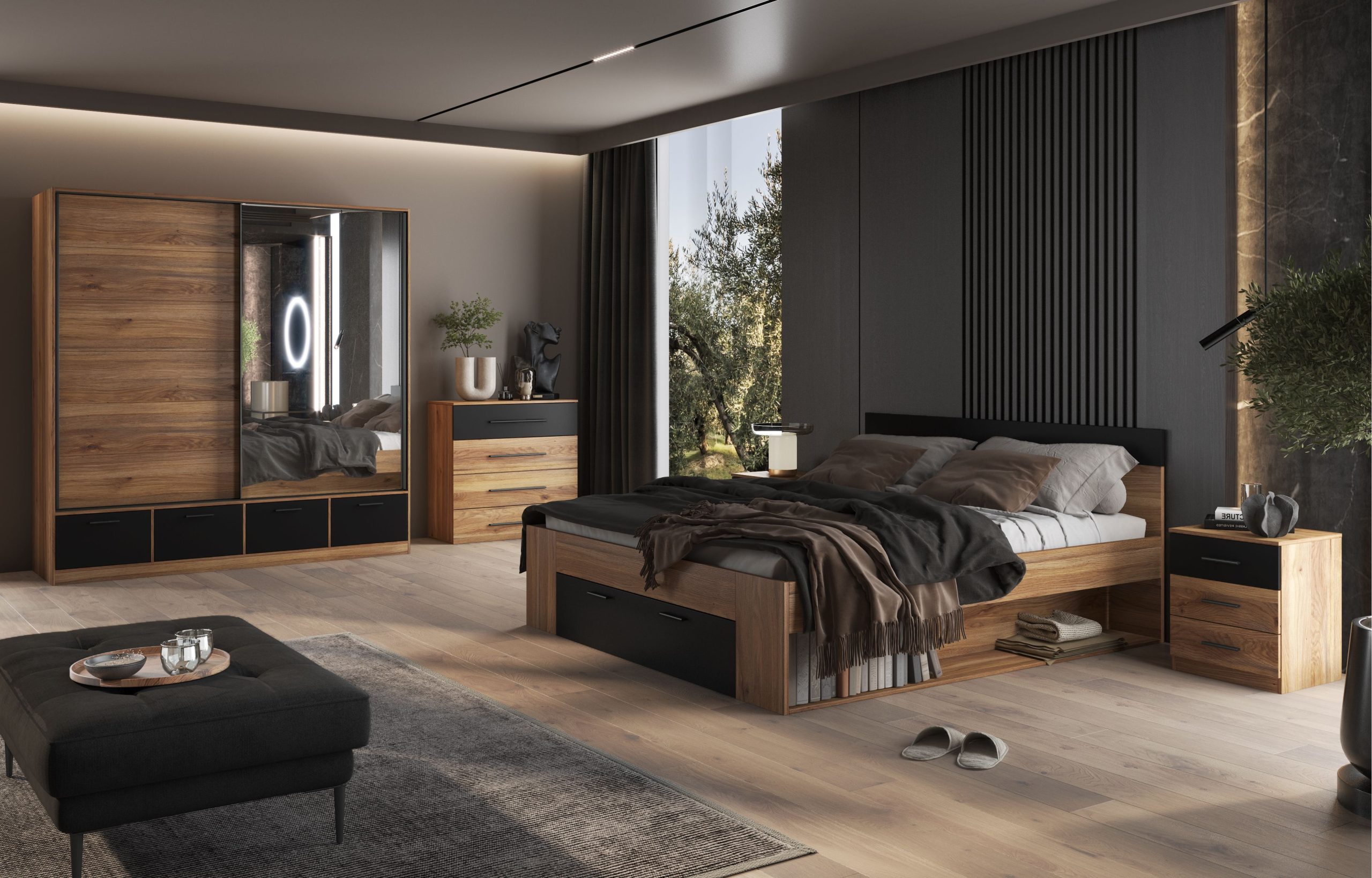 MAVELLA - nowoczesny zestaw mebli do sypialni DĄB - CZARNY