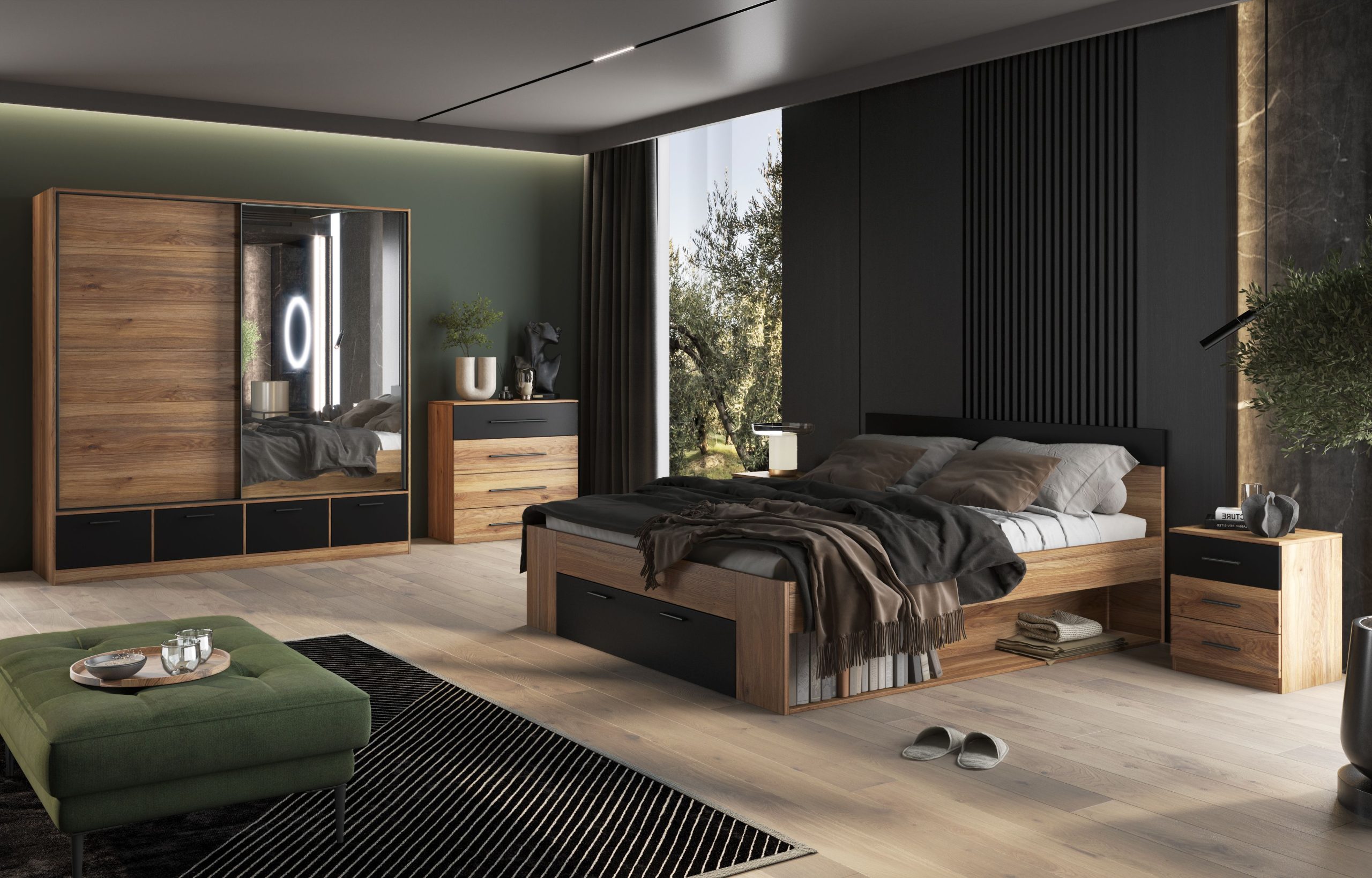 MAVELLA - nowoczesny zestaw mebli do sypialni w stylu LOFT - DĄB - CZARNY