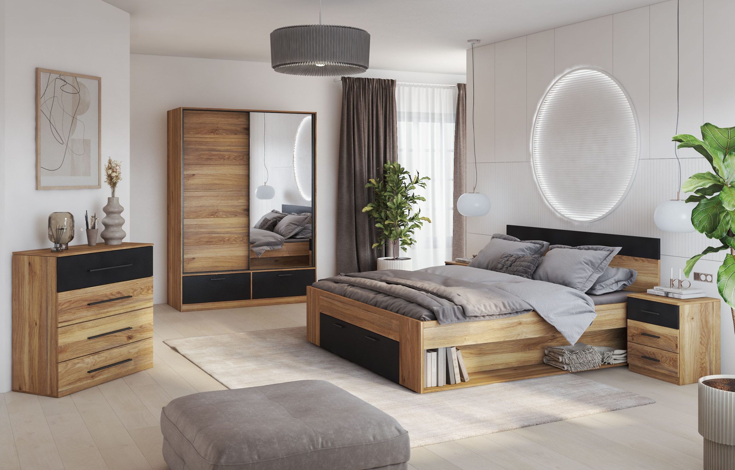 MAVELLA - zestaw mebli do sypialni DĄB - CZARNY - HELVETIA