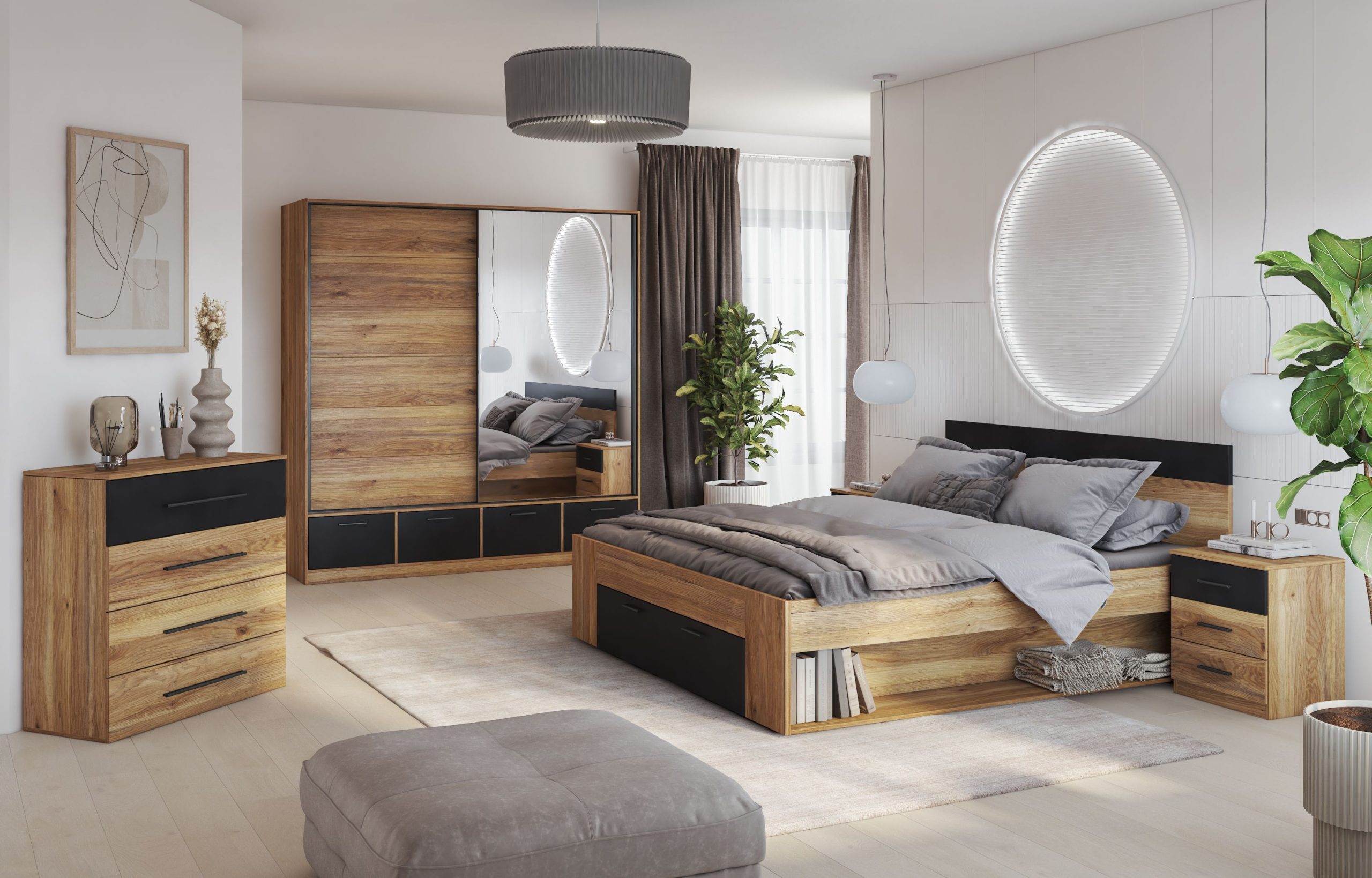 MAVELLA - zestaw mebli do sypialni DĄB - CZARNY
