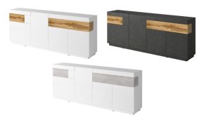 SILKE-25 szeroka komoda czterodrzwiowa z szufladami - 220 cm - BIAŁY POŁYSK - DĄB WOTAN - BETON - MATERA