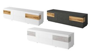 SILKE-40 szeroka komoda RTV  z szufladami - 206 cm - BIAŁY POŁYSK - DĄB WOTAN - BETON - MATERA