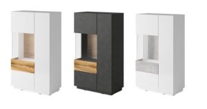 SILKE-42 komoda, witryna dwudrzwiowa z przeszkleniem - 80 cm - BIAŁY POŁYSK - DĄB WOTAN - BETON - MATERA