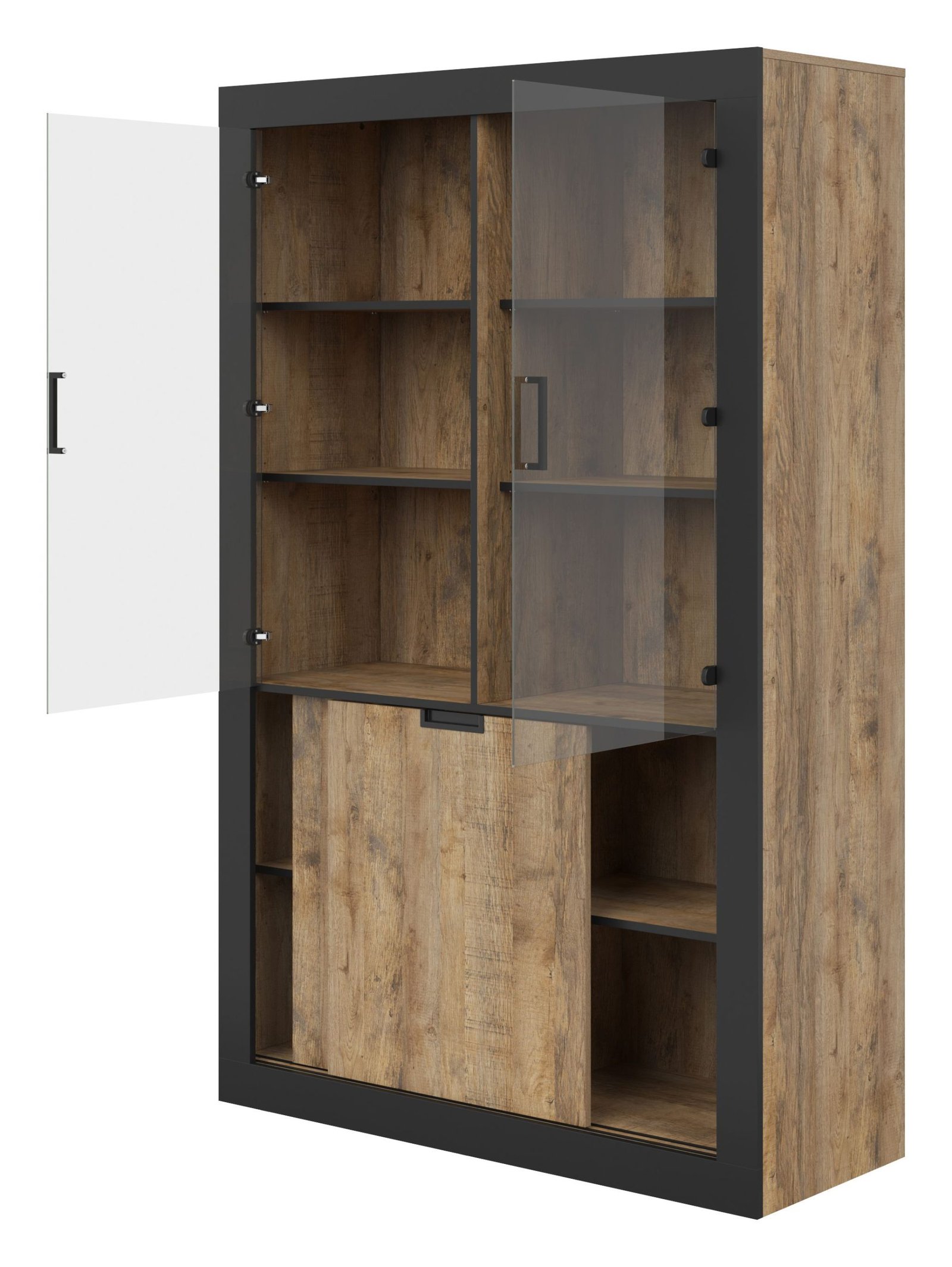 TUDOR 12 wysoka witryna ze szklanymi drzwiami 120 cm DĄB SAMDAL - CZARNY MAT - 24WSNZ12 otwarta