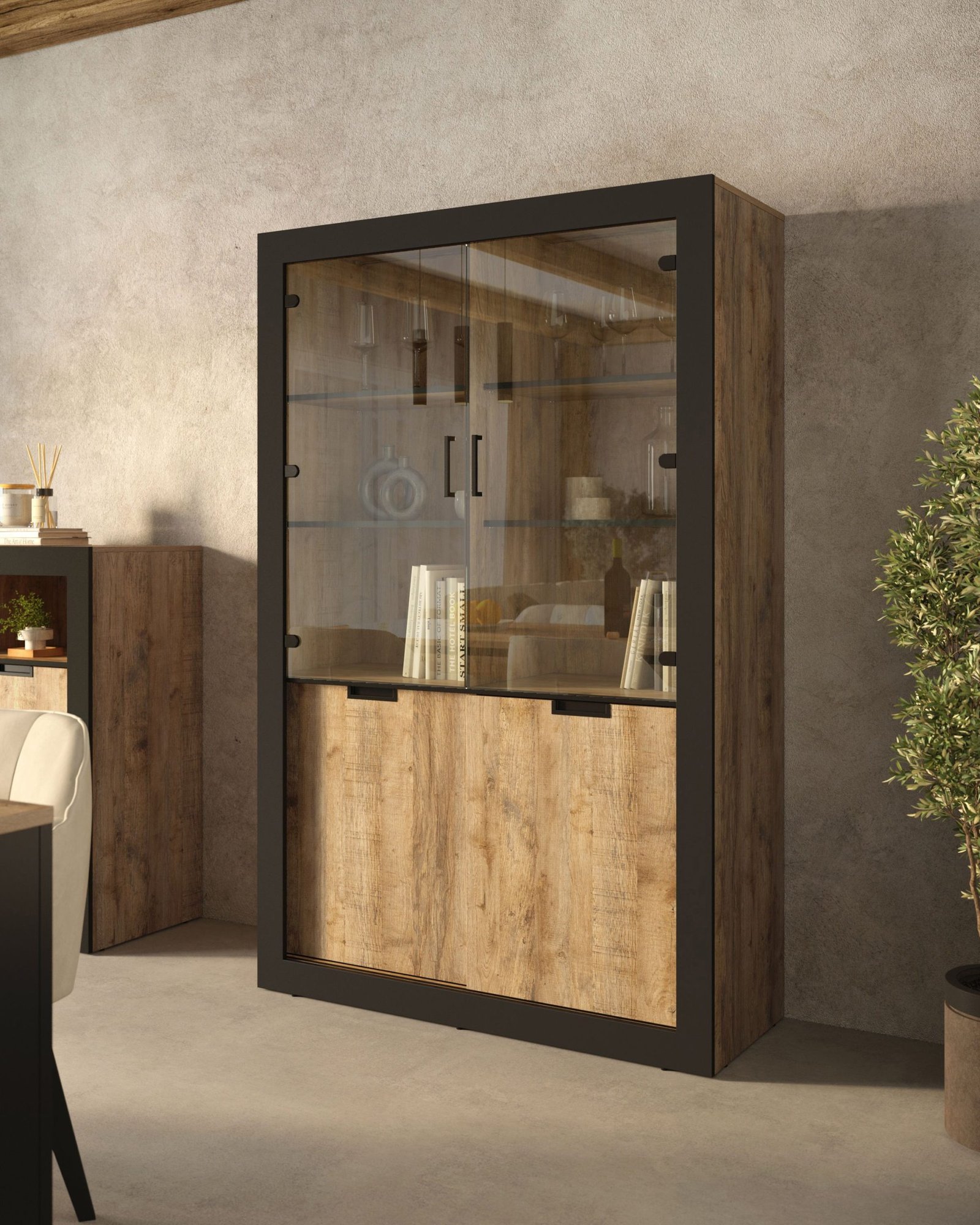 TUDOR 12 wysoka witryna ze szklanymi drzwiami 120 cm DĄB SAMDAL - CZARNY MAT - 24WSNZ12