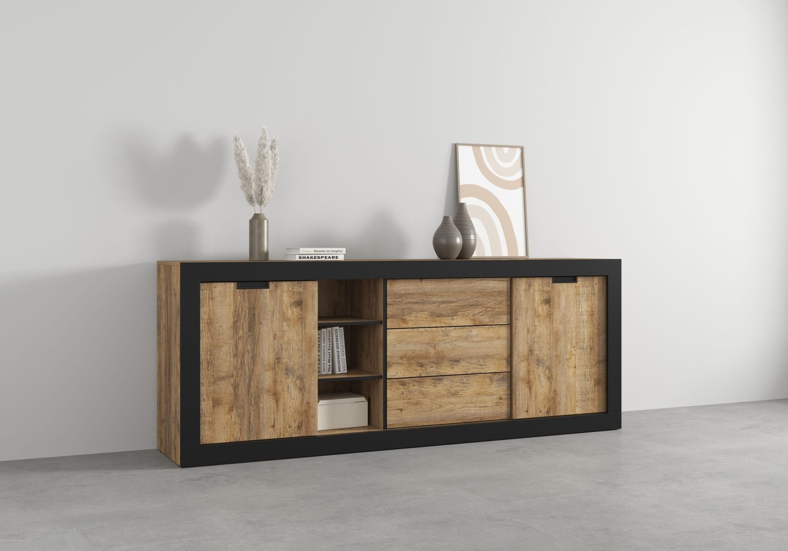 TUDOR 25 szeroka komoda z szufladami przesuwne drzwi 220 cm DĄB SAMDAL - CZARNY MAT - 24WSNZ25 HELVETIA