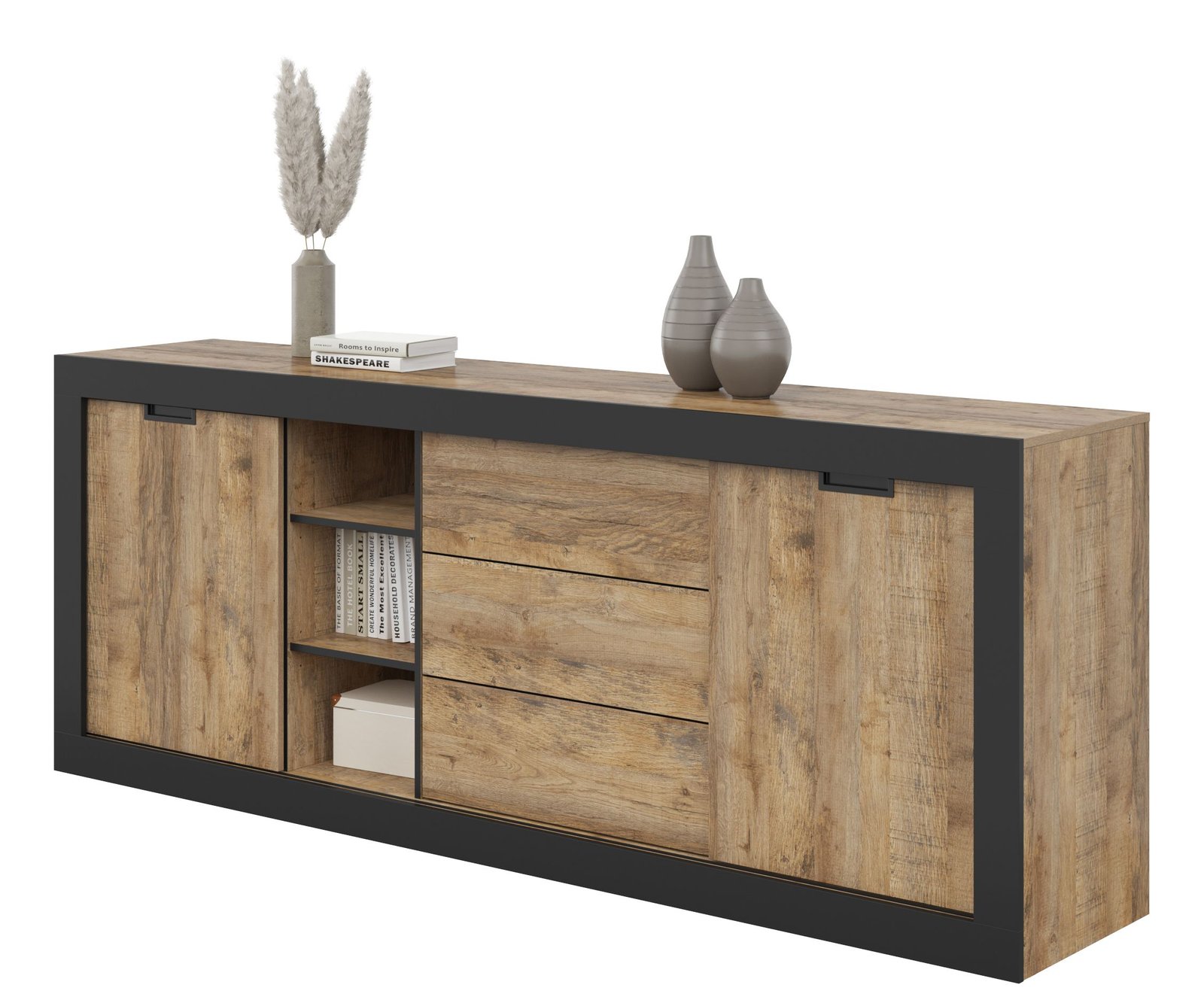 TUDOR 25 szeroka komoda z szufladami przesuwne drzwi 220 cm DĄB SAMDAL - CZARNY MAT - 24WSNZ25 ean 5900488592156 HELVETIA