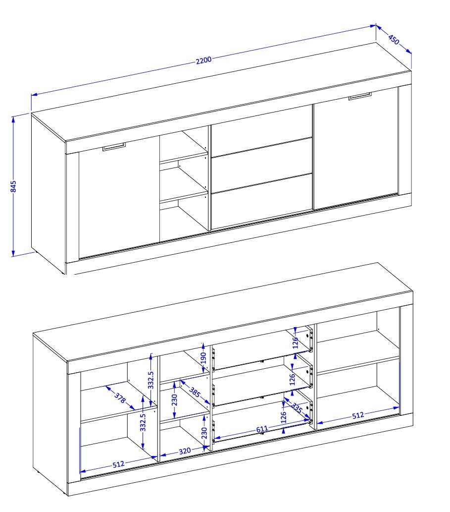 TUDOR 25 szeroka komoda z szufladami przesuwne drzwi 220 cm DĄB SAMDAL - CZARNY MAT - 24WSNZ25 - wymiary