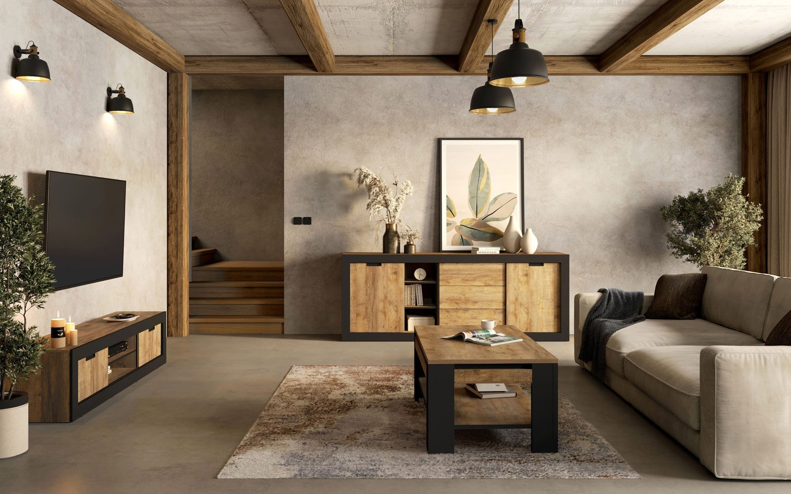 TUDOR zestaw mebli do salonu w stylu LOFT - DĄB SAMDAL - CZARNY MAT Helvetia ława, komoda, rtv