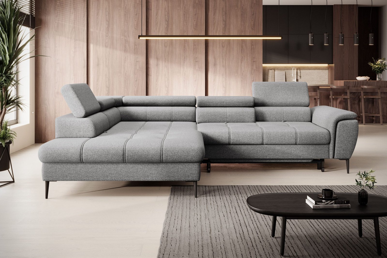 DENVER nowoczesny narożnik z funkcją spania i ruchomymi zagłówkami oraz przesuwnym oparciem, Tkanina SERENO 693 - WERSAL