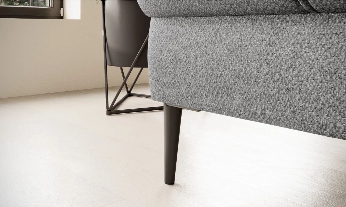 DENVER nowoczesny narożnik z funkcją spania i ruchomymi zagłówkami oraz przesuwnym oparciem na wysokich nóżkach