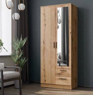 MATEO szafa dwudrzwiowa z lustrem i szufladami 80 cm BIAŁY - DĄB EVOKE - DĄB EVOKE