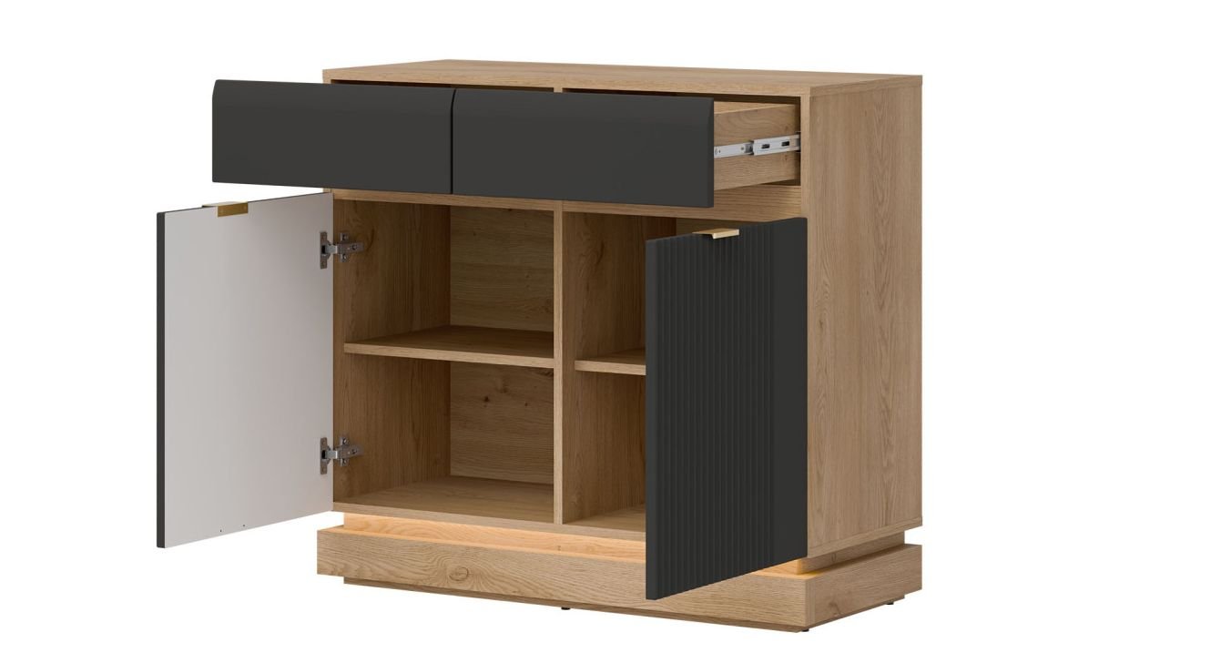 WORDES 02 dwudrzwiowa komoda z szufladami i ryflami ANTRACYT-DĄB CREMONA