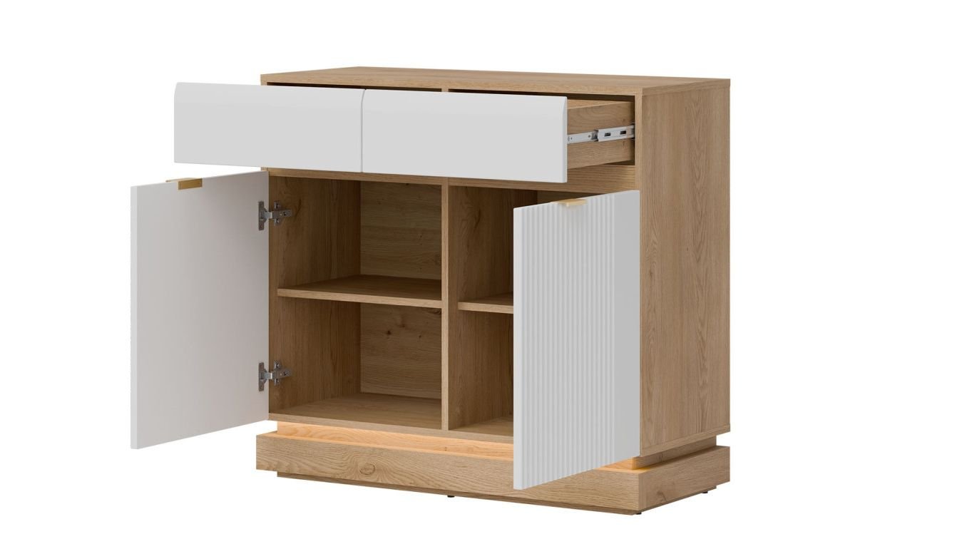 WORDES 02 dwudrzwiowa komoda z szufladami i ryflami BIAŁY-DĄB CREMONA