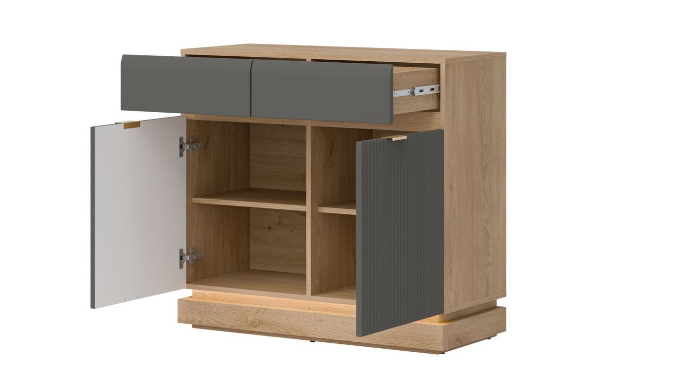 WORDES 02 dwudrzwiowa komoda z szufladami i ryflami SZARY-DĄB CREMONA