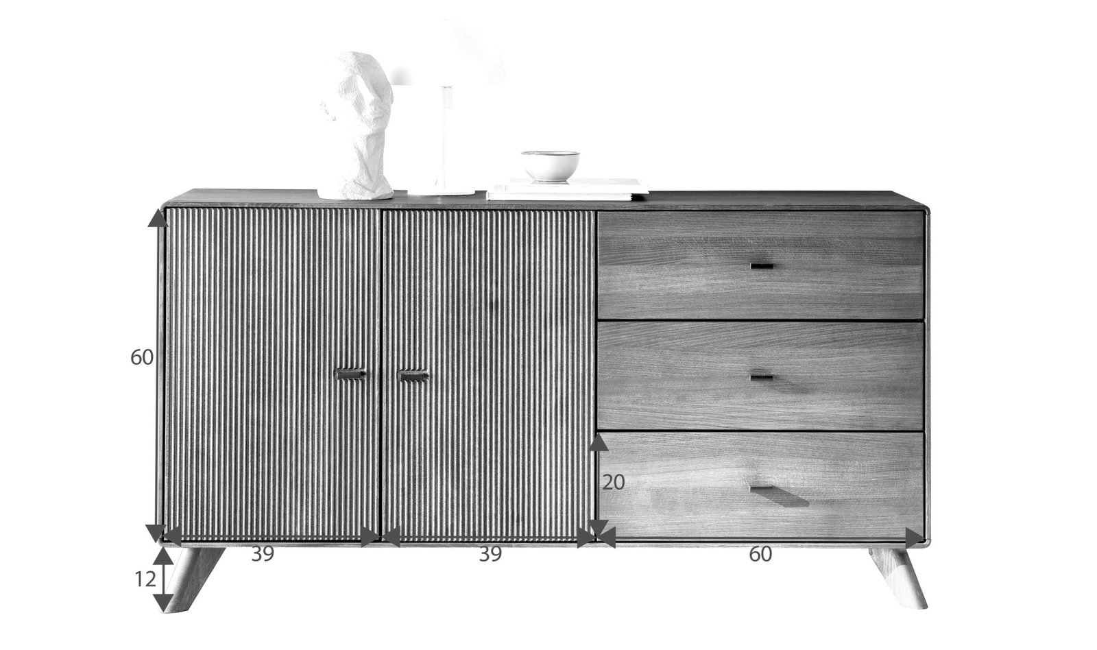 TABAK 07 komoda z szufladami - bukowa - brązowa - na nózkach - ryflowane fronty - 140 cm - wymiary