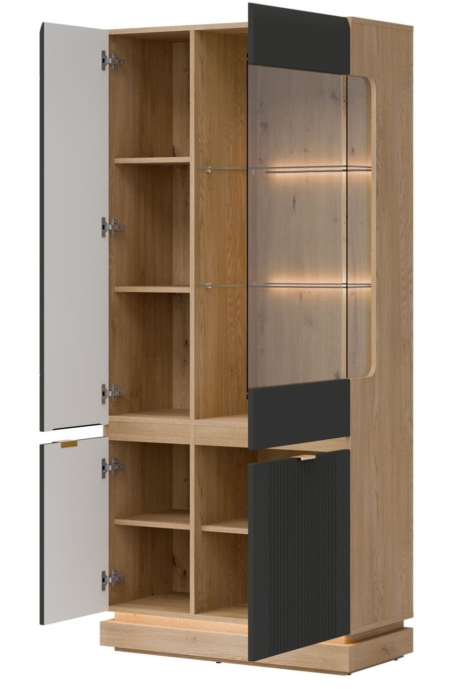 WORDES 06 witryna z przeszkleniem i podświetleniem, ryflowane fronty ANTRACYT-DĄB CREMONA