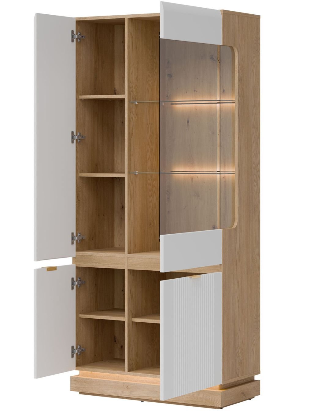 WORDES 06 witryna z przeszkleniem i podświetleniem, ryflowane fronty BIAŁY-DĄB CREMONA