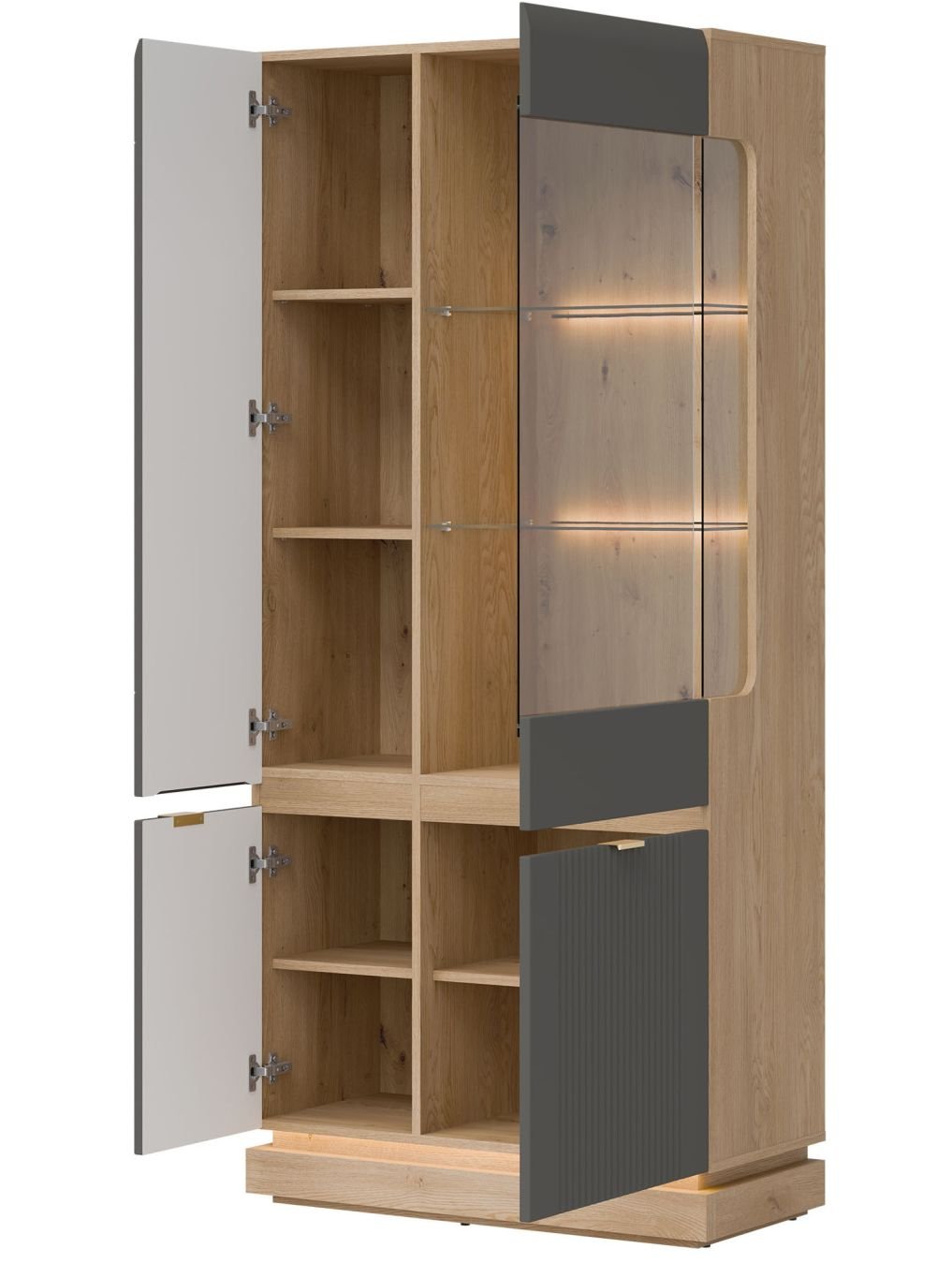 WORDES 06 witryna z przeszkleniem i podświetleniem, ryflowane fronty SZARY-DĄB CREMONA