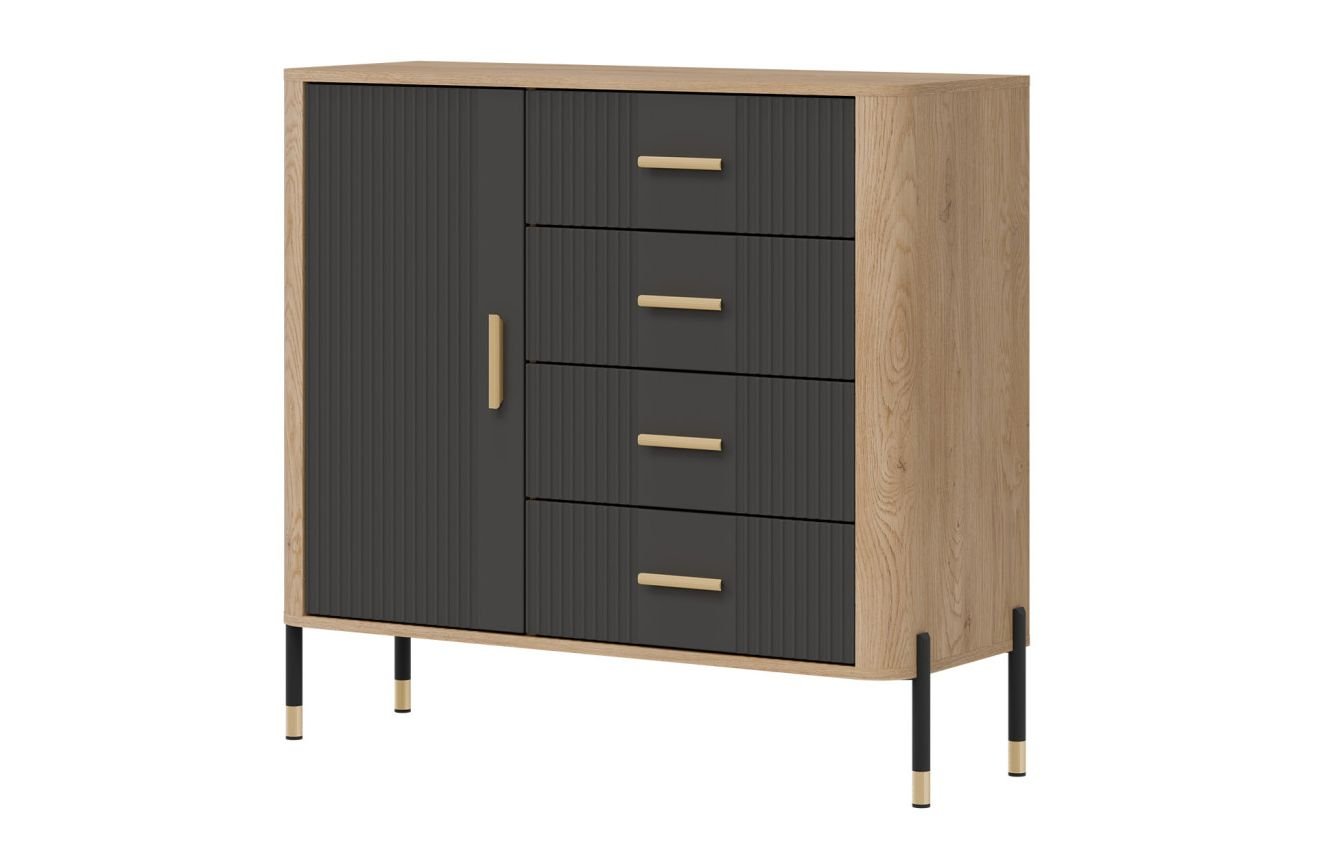 DANTE 08 LIVEO mała wysoka komoda na nóżkach z szufladami, zaoblone boki ozdobne fronty DĄB CREMONA TORRO - ANTRACYT