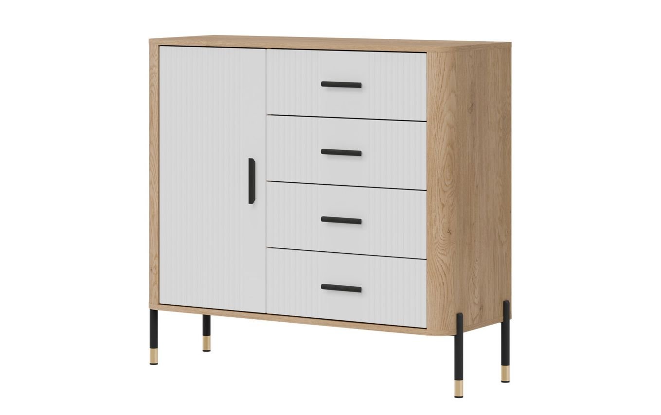 DANTE 08 LIVEO mała wysoka komoda na nóżkach z szufladami, zaoblone boki ozdobne fronty DĄB CREMONA TORRO - BIAŁY