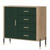 DANTE 08 LIVEO mała wysoka komoda na nóżkach z szufladami, zaoblone boki ozdobne fronty DĄB CREMONA TORRO - CIEMNA ZIELEŃ