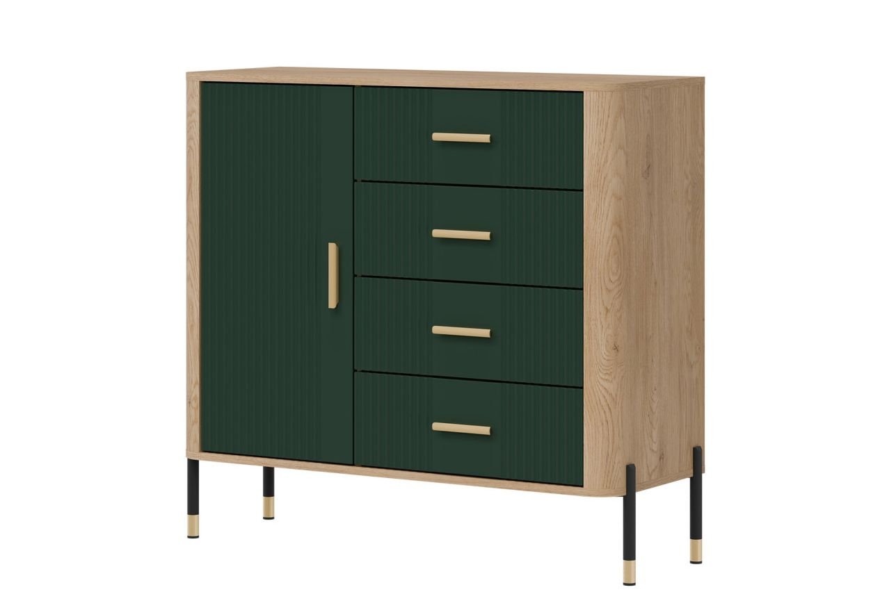 DANTE 08 LIVEO mała wysoka komoda na nóżkach z szufladami, zaoblone boki ozdobne fronty DĄB CREMONA TORRO - CIEMNA ZIELEŃ