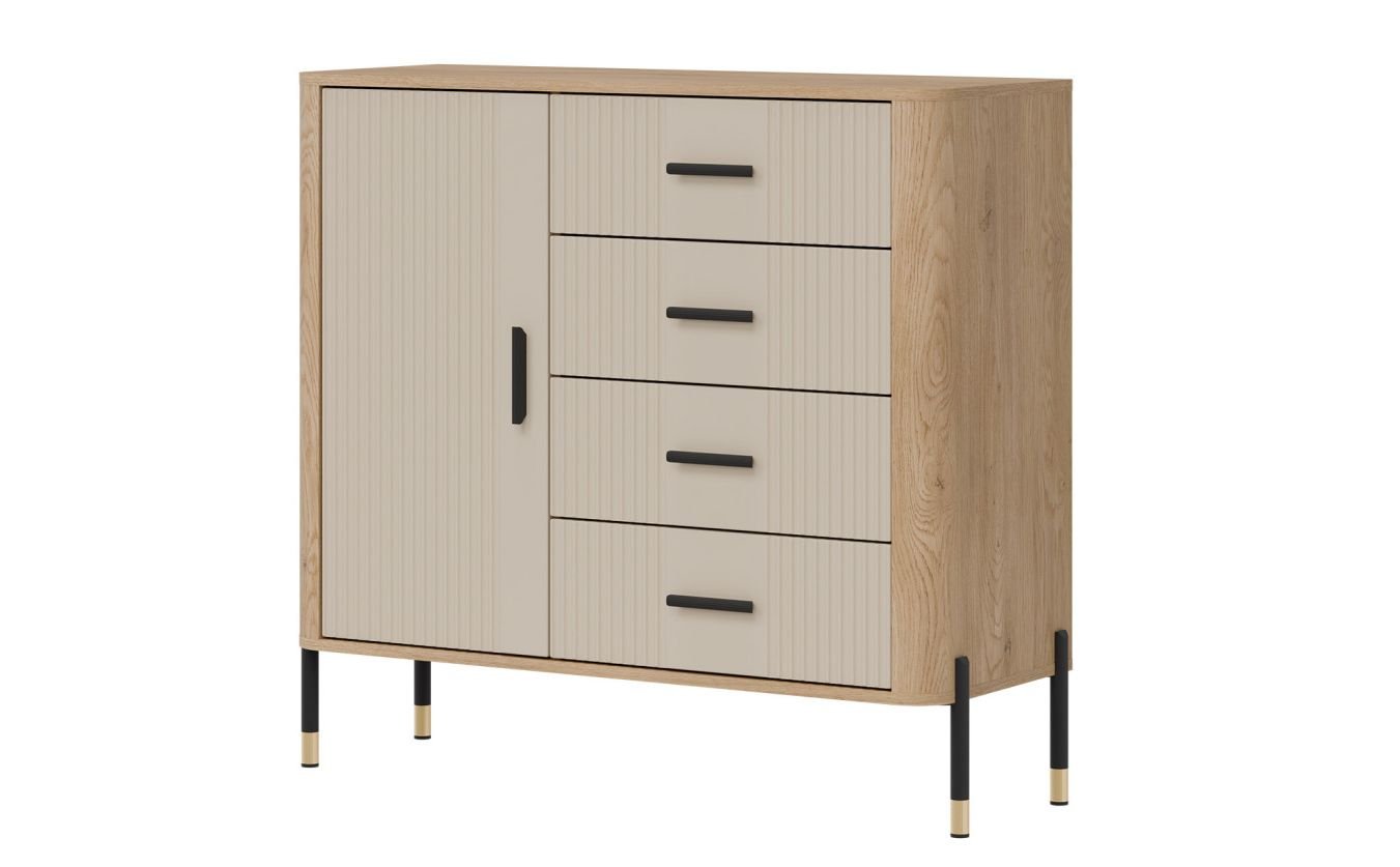 DANTE 08 LIVEO mała wysoka komoda na nóżkach z szufladami, zaoblone boki ozdobne fronty DĄB CREMONA TORRO - KASZMIR