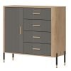 DANTE 08 LIVEO mała wysoka komoda na nóżkach z szufladami, zaoblone boki ozdobne fronty DĄB CREMONA TORRO - SZARY