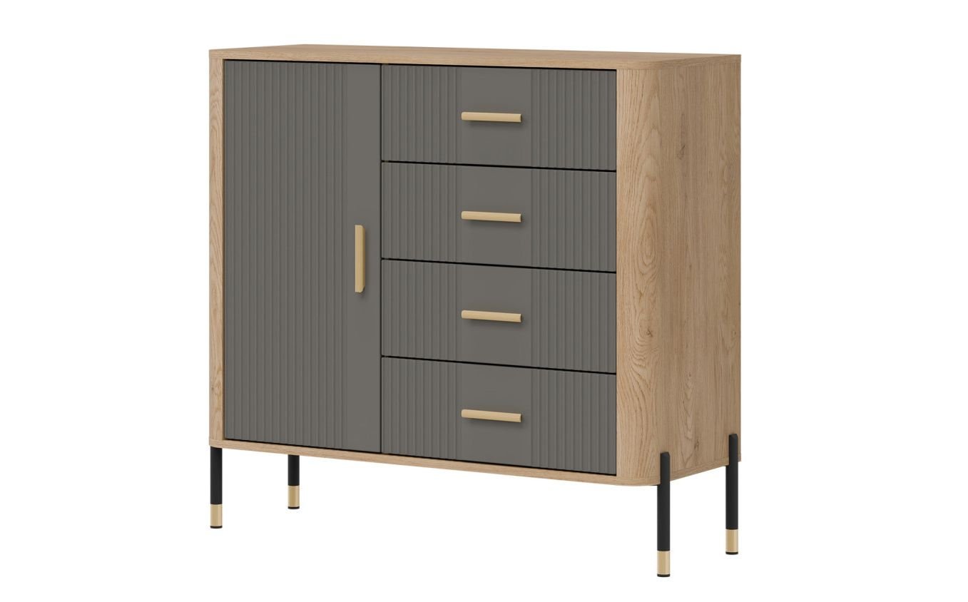 DANTE 08 LIVEO mała wysoka komoda na nóżkach z szufladami, zaoblone boki ozdobne fronty DĄB CREMONA TORRO - SZARY